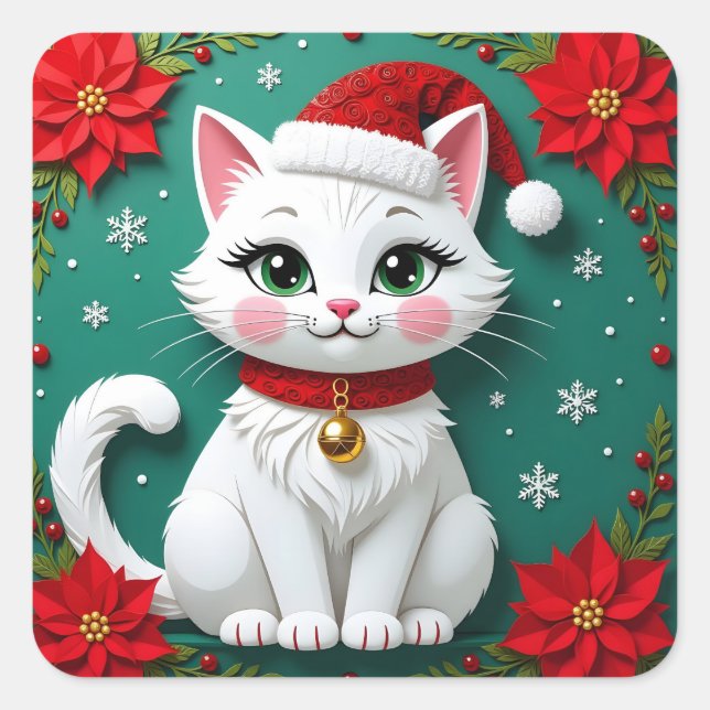Sticker Carré Un chat festif blanc avec un fond de Noël (Devant)