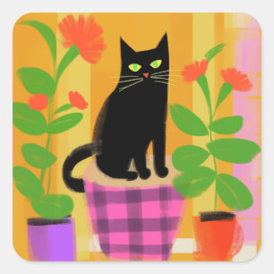 Sticker Carré Un Chat Noir Avec Plantes Ménagères Plat Rose Viol