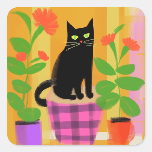 Sticker Carré Un Chat Noir Avec Plantes Ménagères Plat Rose Viol (Devant)