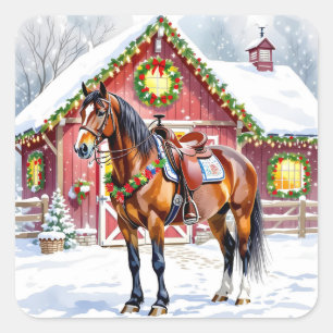 Sticker Carré Un Cheval Brown Festif et une grange d'hiver Noël