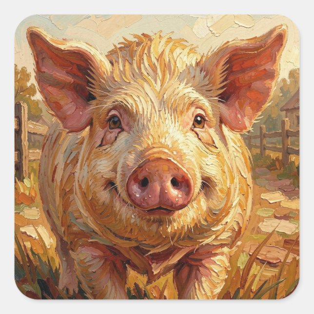 Sticker Carré Un cochon mignon dans une ferme boueuse (Devant)
