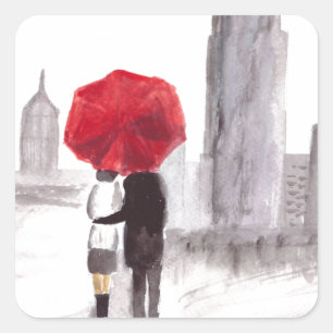 Sticker Carré Un couple d'amour à New York avec parapluie rouge