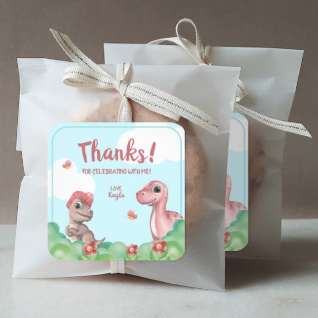 Sticker Carré Un Dinosaure pour fille Merci (Personalized Girl's Dinosaur Birthday Party Stickers)