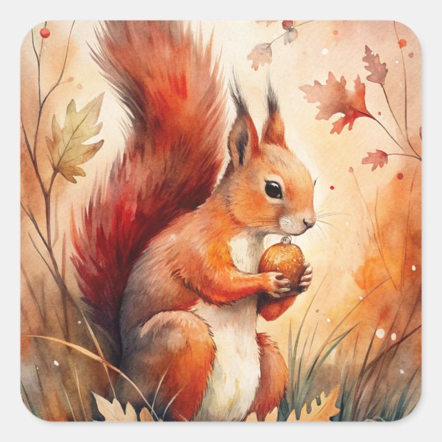 Sticker Carré Un écureuil rouge qui mange une noisette (Devant)