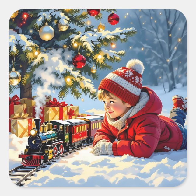 Sticker Carré Un garçon et son train de Noël (Devant)