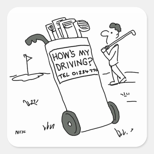 Sticker Carré Un golfeur avec un signe qui dit comment est ma co (Devant)