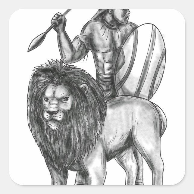 Sticker Carré Un guerrier africain prononce un tatouage de lion (Devant)
