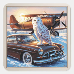 Sticker Carré Un hibou des neiges, un avion et une voiture d'épo