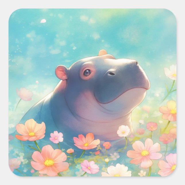 Sticker Carré Un hippopotame en fleurs florales (Devant)