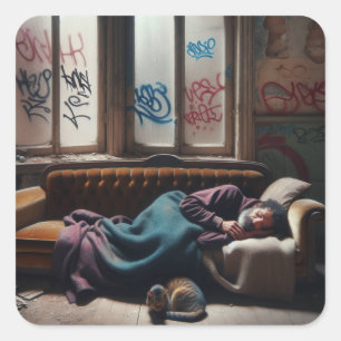 Sticker Carré Un homme sans abri qui dort dans un immeuble aband