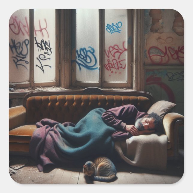 Sticker Carré Un homme sans abri qui dort dans un immeuble aband (Devant)