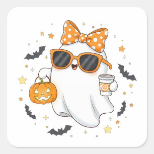 Sticker Carré Un joli fantôme d'Halloween avec Citrouille