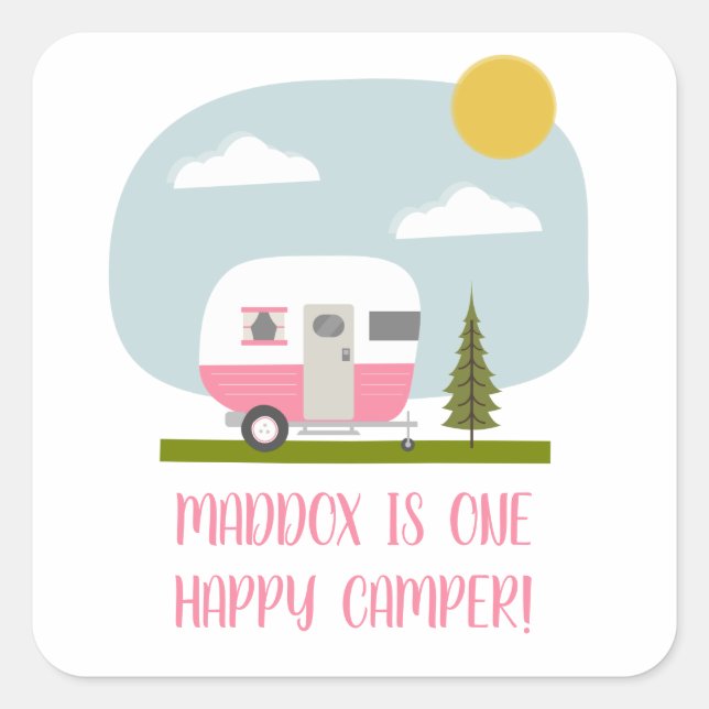 Sticker Carré Un Joyeux Camper Pink Trailer Anniversaire (Devant)