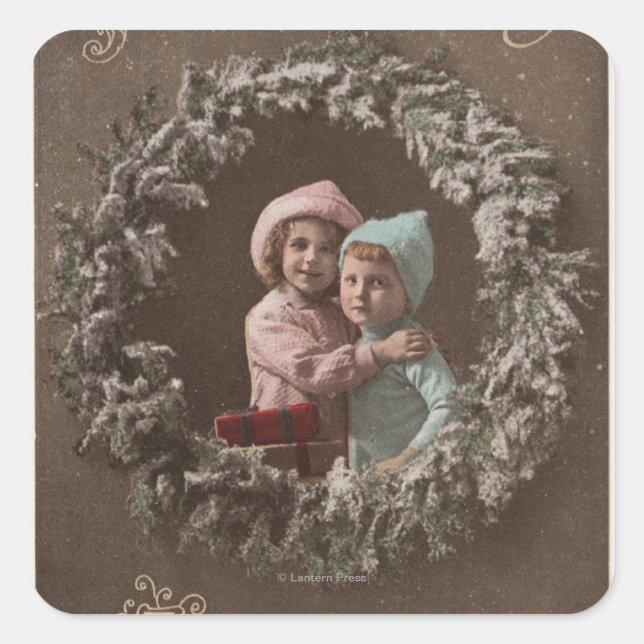 Sticker Carré Un joyeux NoëlLes petits enfants qui s'accrochent (Devant)