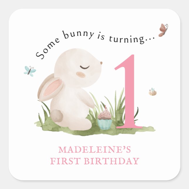Sticker Carré Un lapin est une première fête d'anniversaire (Devant)