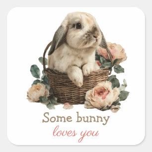 Sticker Carré Un lapin vous aime dans un panier avec des roses