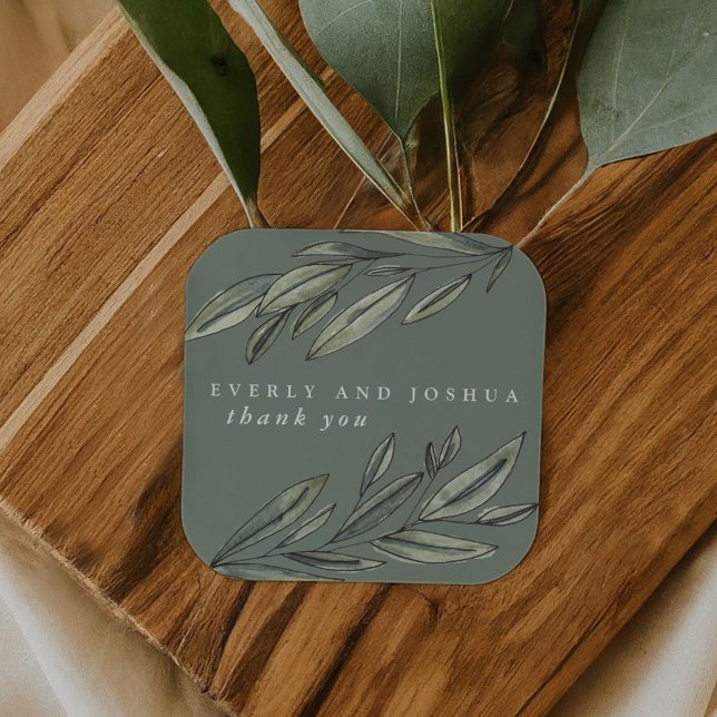 Sticker Carré Un Merci À feuillage persistant romantique à privi (Romantic Evergreen Thank You Favor Square Sticker)