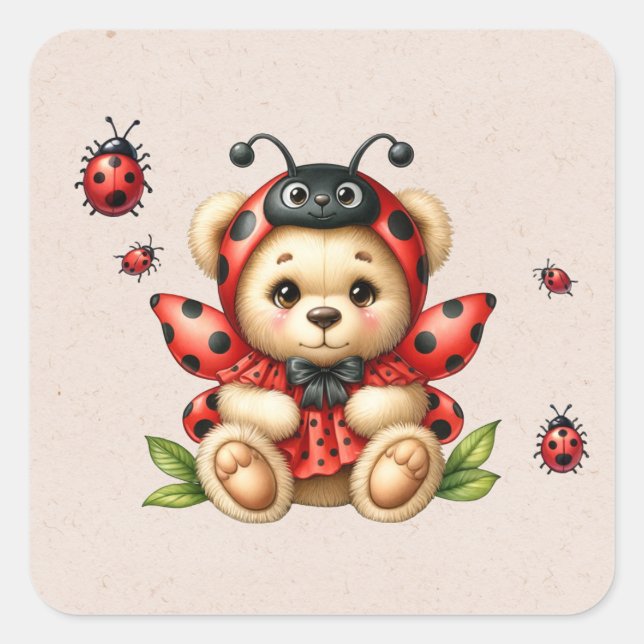 Sticker Carré Un mignon ours en peluche habillé comme une coccin (Devant)