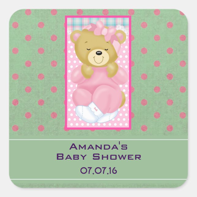 Sticker Carré Un mignon ours vêtu de Baby shower rose (Devant)