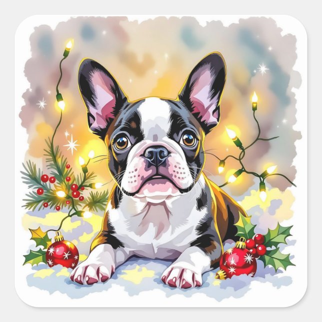Sticker Carré Un Noël doux avec un terrier de Boston (Devant)