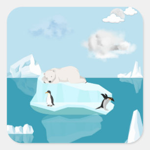 Sticker Carré Un ours polaire dormant avec des manchots sur un a
