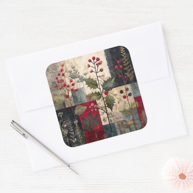 Sticker Carré Un Patchwork Rustique d'Hiver aux Baies de Houx (Enveloppe)