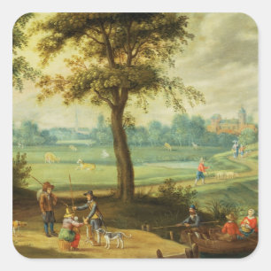Sticker Carré Un paysage de village au bord d'une rivière