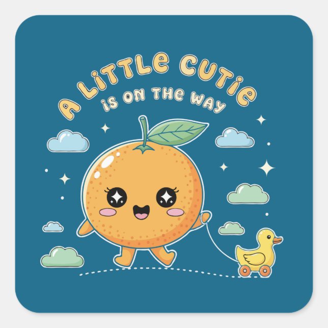 Sticker Carré Un petit amour arrive | Bébé orange adorable (Devant)