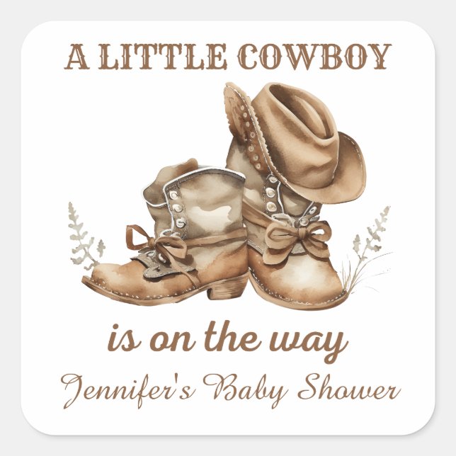 Sticker Carré un petit baby shower de garçon western cowboy (Devant)