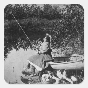 Sticker Carré Un petit crépi - Vintage 1906 Stereoview B&W