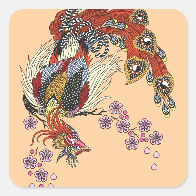 Sticker Carré un phoenix magique assis sur un squa sakura fleuri (Devant)