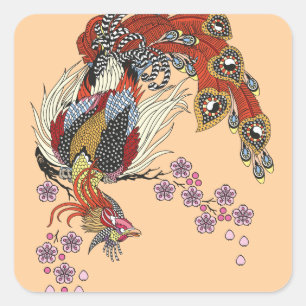 Sticker Carré un phoenix magique assis sur un squa sakura fleuri