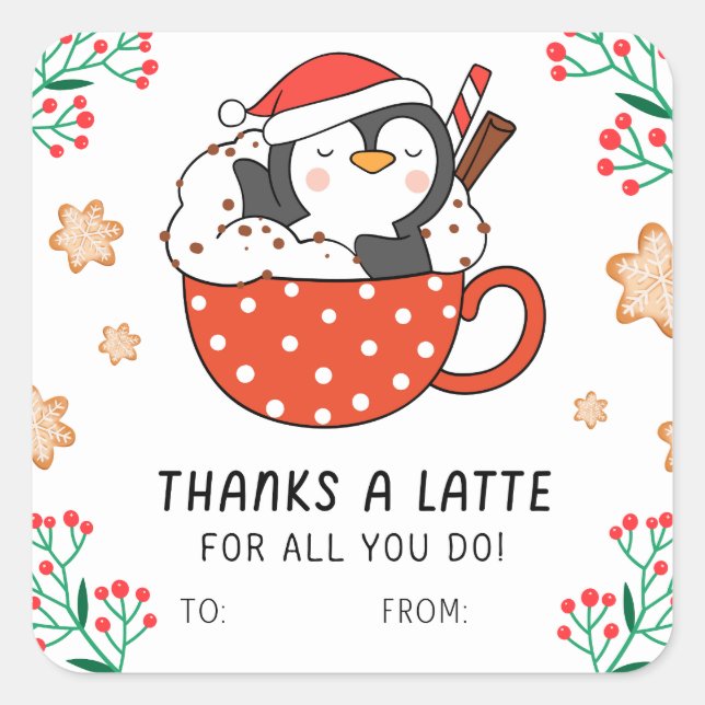 Sticker Carré Un pingouin de Noël grâce à une latte (Devant)