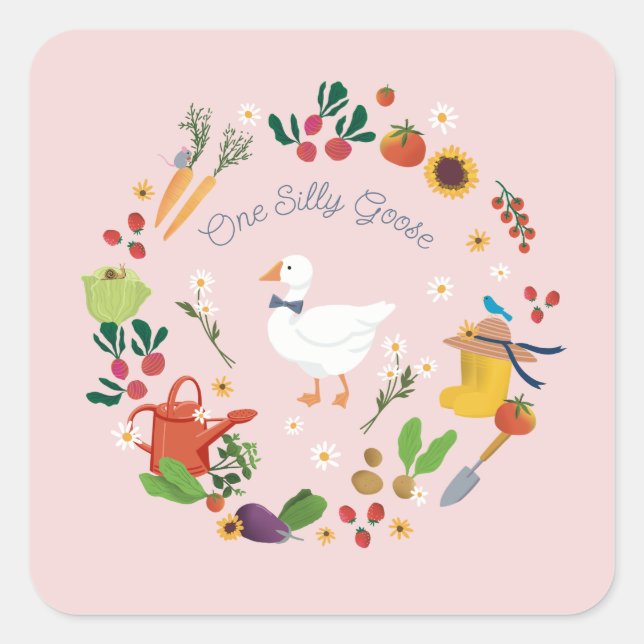 Sticker Carré Un Silly Goose Farmer Jardin Thème Rose (Devant)