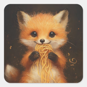 Sticker Carré Un super mignon bébé renard rouge mangeant spaghet