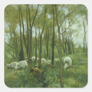 Sticker Carré Un troupeau de moutons dans une forêt, Anton Mauve