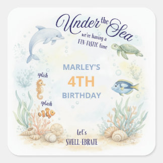 Sticker Carré Under the Sea Ocean Animals Beach Birthday