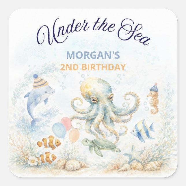 Sticker Carré Under the Sea Ocean Animals Octopus Birthday (Devant)