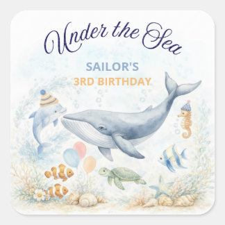 Sticker Carré Under the Sea Ocean Animals Whale Birthday