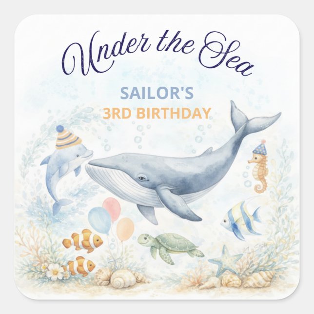 Sticker Carré Under the Sea Ocean Animals Whale Birthday (Devant)