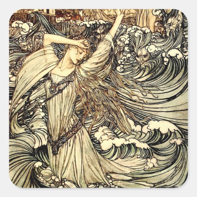 Sticker Carré « Undine dans les vagues » par Arthur Rackham (Devant)