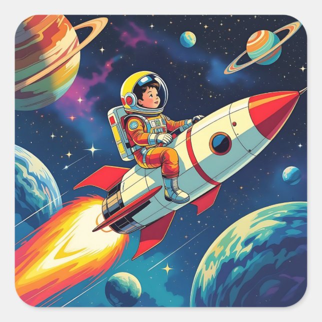 Sticker Carré Une bande dessinée style Boy on a Rocket in Space (Devant)
