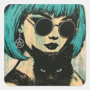 Sticker Carré Une belle sorcière avec son chat noir