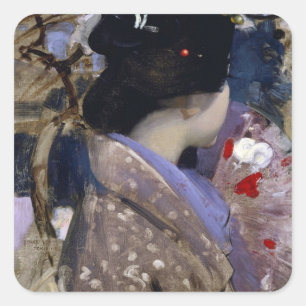 Sticker Carré Une dame japonaise avec un fan de George Henry