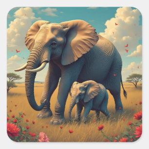 Sticker Carré Une douce maman sentimentale et un éléphant de béb