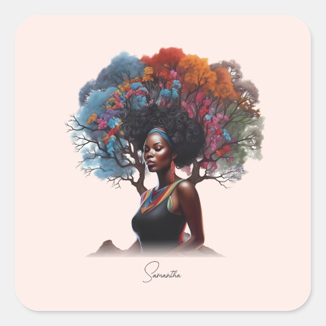 Sticker Carré Une femme afro-américaine aux cheveux arborés (Devant)