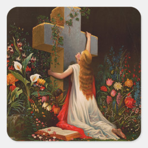 Sticker Carré Une femme avec une croix est en prière