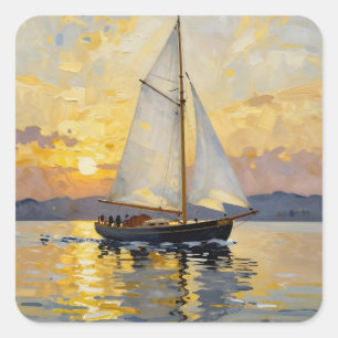 Sticker Carré Une illustration d'un voilier au coucher du soleil
