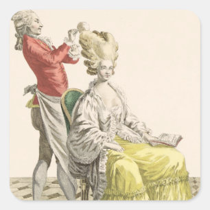 Sticker Carré Une jeune femme dans un Peignoir avec son coiffeur