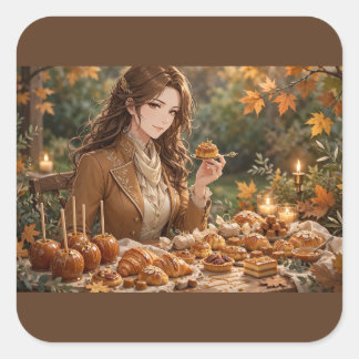 Sticker Carré Une jeune femme gracieuse savoure une petite tarte